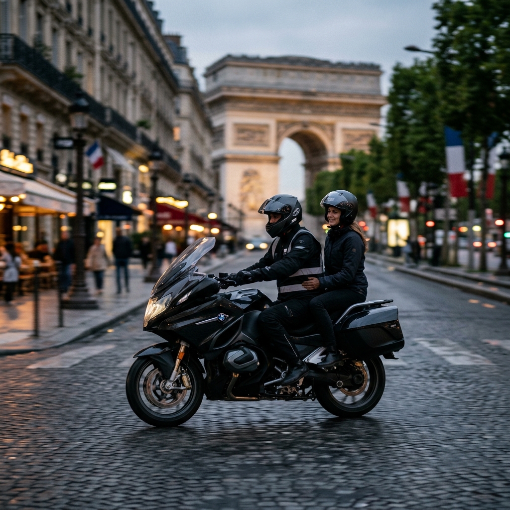 Taxi-moto BMW sur les Champs-Élysées Paris Arc de Triomphe